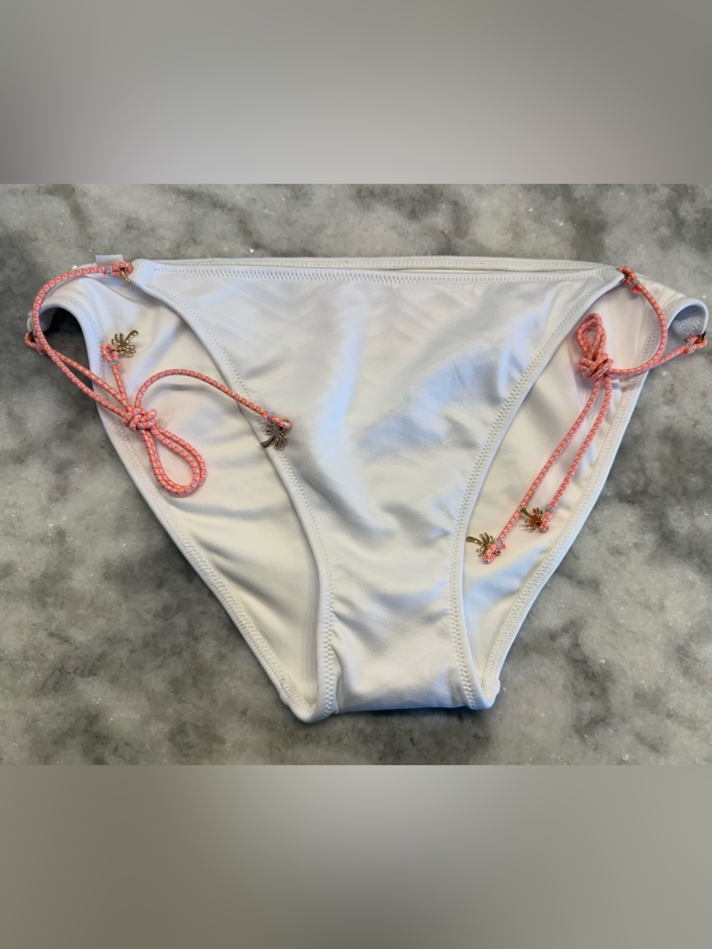 Victoria’s Secret White Bikini Bottom Pink Tie Sides Gold Charm Detail Size L - Picture 2 of 7